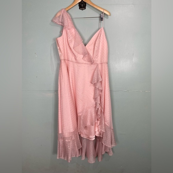 Mac Duggal Ruffle High‎ Low Polka Dot Midi Dress Pink Barbie Sleeveless Sz 16 - Picture 2 of 5